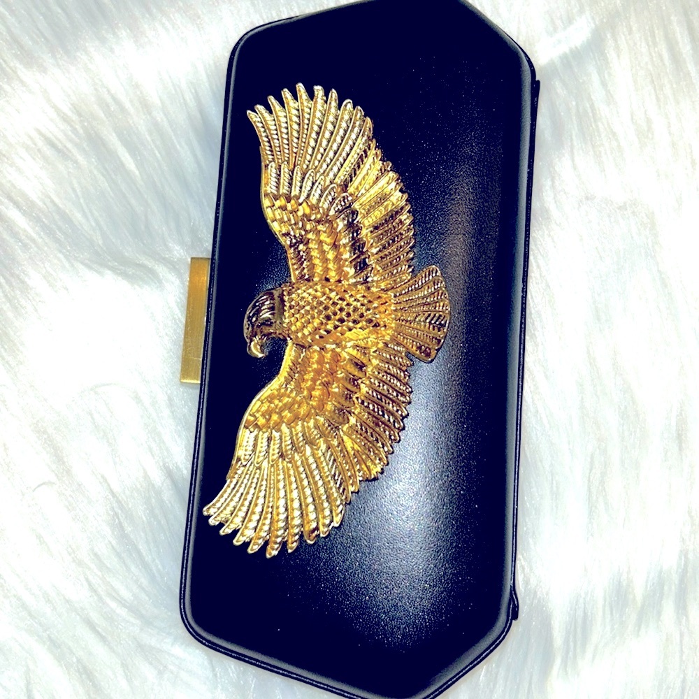 🦅NWOT Patrick Shannon🦅Black Leather🦅Gold Eagle Crossbopdy/ Clutch Purse🦅 - Picture 7 of 13